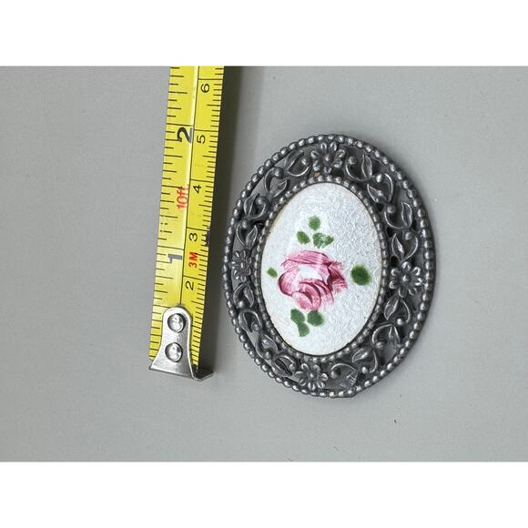 Vintage Signed Tip Toe Guilloche Enamel Hand Painted Rose Shoe Clips - Picture 9 of 10